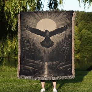 Flying by Sun Woven Throw Blanket: Black Crow Woven Tapestry, Moody Bird Landscape Blanket for Dark Academia and Eclectic Raven Art Decor