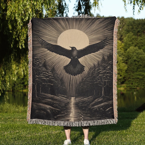 Flying by Sun Woven Throw Blanket: Black Crow Woven Tapestry, Moody Bird Landscape Blanket for Dark Academia and Eclectic Raven Art Decor