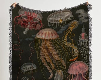 Jellyfish Woven Throw Blanket: Vintage Nautical Woven Tapestry, Beach House Blanket, Coastal Room Decor, Maritime Ocean Inspired Style