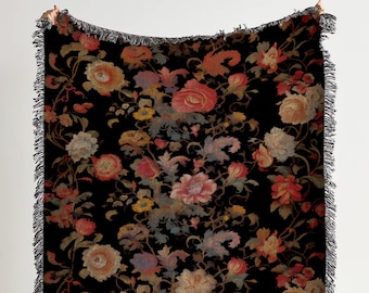 Victorian Floral Woven Throw Blanket | Dark Cottagecore Botanical Tapestry, Moody Gothic Garden Decor, Vintage Cozy Couch or Bed Accent