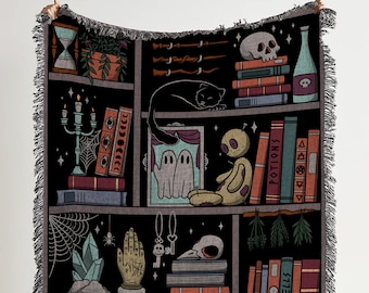 Alchemy Bookshelf Throw Blanket: Black Cat Woven Tapestry and Witches Spells and Potions Blanket for Dark Cottagecore And Pastel Goth Decor
