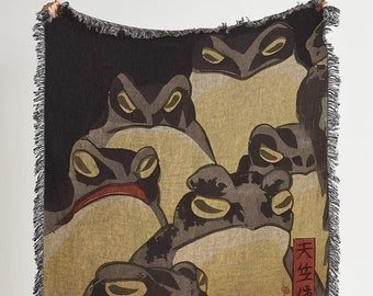Kuniyoshi Frog Throw Blanket: Japanese Woodblock Art Tapestry