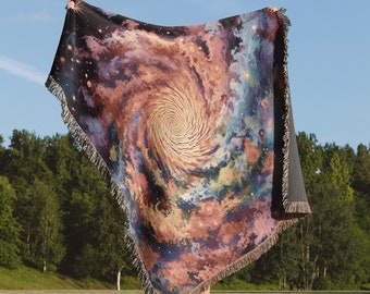 Galaxy Swirl Throw Blanket: Trippy Astrology Woven Tapestry, Outer Space Sci Fi Blanket For Retro Space Aesthetic and Hippie Celestial Decor