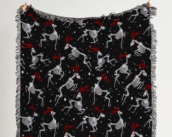 Yule Deer Skeleton Woven Throw Blanket: Witchy Christmas Tapestry