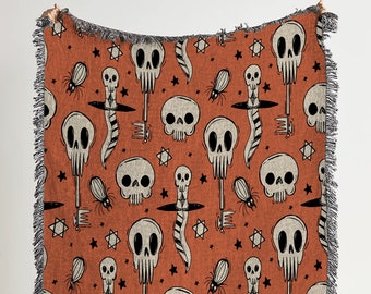 Skull & Key Woven Throw Blanket: Gothic Occult Tapestry