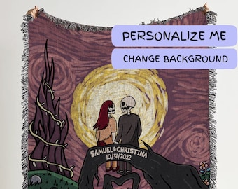 Starry Nightmare Throw Blanket: Personalized Halloween Town Horror Woven Tapestry, Jack and Sally Blanket for Custom Wedding Gift for Couple