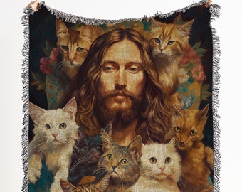 Hippie Jesus Holding Cats Woven Throw Blanket: Cat Lovers Woven Tapestry And Cotton Cat Art Blanket; Great Cat Gift For Cat Mom And Cat Dad