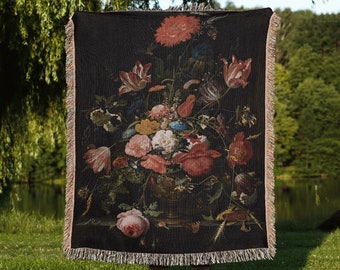 Floral Gothic Woven Blanket: Vintage floral painting woven Tapestry; Victorian gothic art print for dark cottagecore decor and dark academia