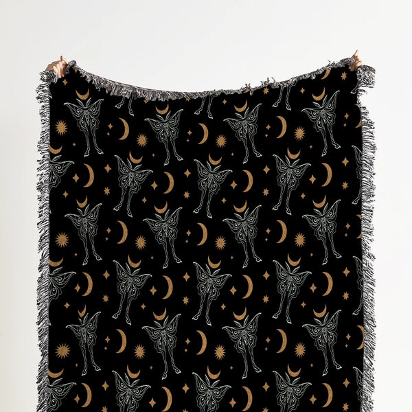 Magic Luna Moth Woven Blanket: Moon and Stars Woven Tapestry and Witchy Moth Pattern Blanket for Boho Throw Blanket and Hippie Room Decor