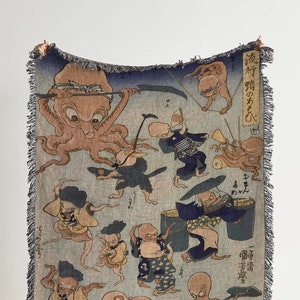 Octopus Games 1840s Throw Blanket: Vintage Utagawa Kuniyoshi Woven Tapestry, Japanese Fine Art Blanket, Oddities and Cute Kawaii Room Decor