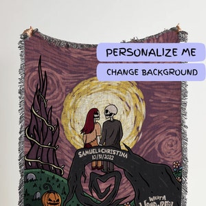 Starry Nightmare Throw Blanket: Personalized Halloween Town Horror Woven Tapestry, Jack and Sally Blanket for Custom Wedding Gift for Couple