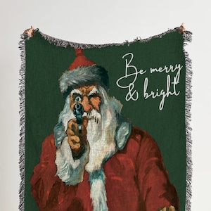 Bad Santa Claus Woven Throw Blanket: Funny Christmas Meme Woven Tapestry and Holiday Blanket for Indie Room Decor and Grunge Aesthetic