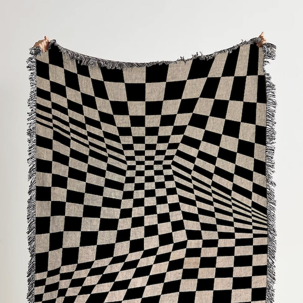 Checkered Wave Throw Blanket: Retro Psychedelic Woven Tapestry and Black Checkered Blanket for Grunge Decor and Dorm Room Bedding