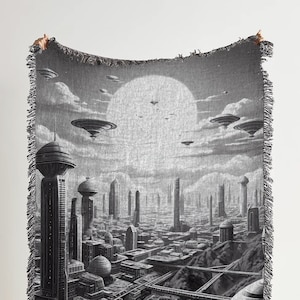 UFO Invasion Woven Throw Blanket: Retro Flying Saucer Woven Tapestry, Sci Fi Art Blanke, Novelty Area 51 Room Decor, Weird Oddities Decor