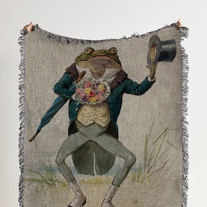 Frog Illustration Woven Throw Blanket: Cottagecore Fairycore Decor
