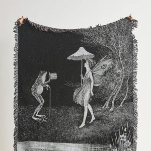 Fairy and the Frog Woven Throw Blanket: Vintage Frog Illustration Woven Tapestry And Black and White Fairy Tail Blanket For Fairycore Decor