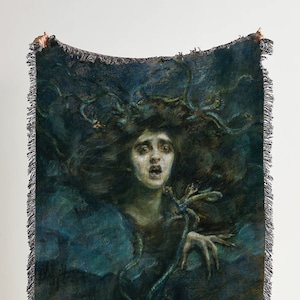 Medusa (1892) Throw Blanket: Greek Mythology Dark Art Woven Tapestry And Vintage Painting Blanket For Pastel Goth Decor And Witchcraft Decor