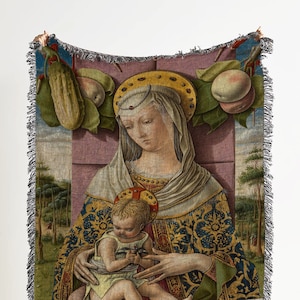 Madonna and Child Woven Throw Blanket: Antique Catholic Art Woven Tapestry And Orthodox Religious Blanket For Spiritual Decor