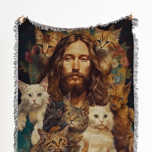 Hippie Jesus Holding Cats Woven Cotton Throw Blanket