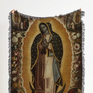 Manta tejida de la Virgen de Guadalupe (1691): Tapiz tejido de arte católico antiguo y manta religiosa mexicana para decoración espiritual.