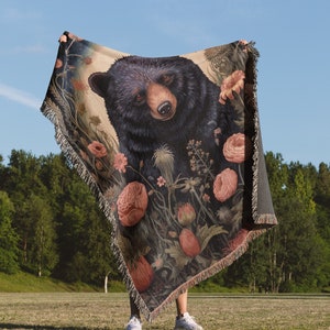 Enchanted Bear Woven Throw Blanket: Moody Bear Print Woven Tapestry, Moody Botanical Blanket, Dark Cottagecore Decor and Whimsical Aesthetic