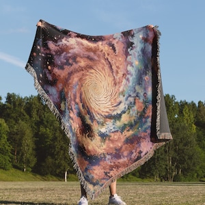 Galaxy Swirl Throw Blanket: Trippy Astrology Woven Tapestry, Outer Space Sci Fi Blanket For Retro Space Aesthetic and Hippie Celestial Decor