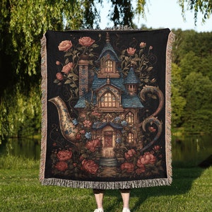 Teacup Fairy House Throw Blanket: Vintage Inspired Floral Woven Tapestry, Fairytale Garden Blanket, Moody Whimsical And Cottagecore Decor