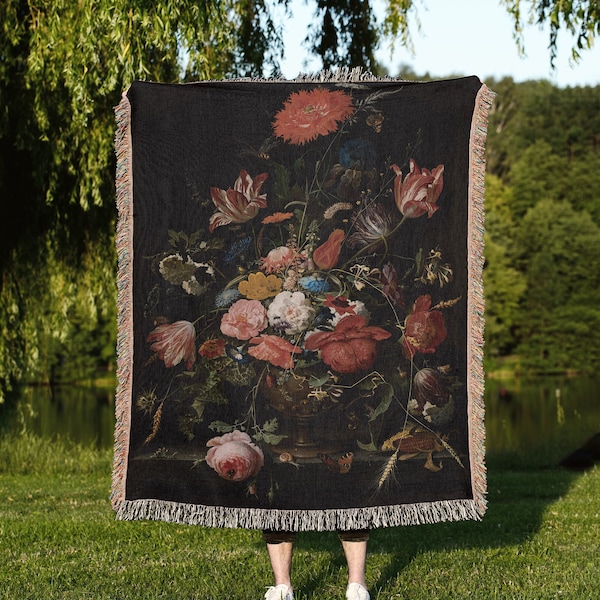 Floral Gothic Woven Blanket: Vintage floral painting woven Tapestry; Victorian gothic art print for dark cottagecore decor and dark academia