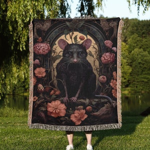 Whimsical Mouse Woven Throw Blanket: Moody Mouse Print Woven Tapestry, Botanical Gothic Blanket, Dark Cottagecore Decor, Victorian Aesthetic