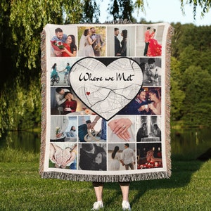 Gepersonaliseerde kaart deken, aangepaste verjaardag stadskaart print cadeau voor man of vrouw, unieke trouwfotocollage aandenken voor stel