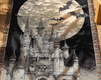 Gothic Castle Moon Woven Blanket | Haunted Medieval Fortress Tapestry with Bats, Dark Baroque Wall Art for Victorian or Witchy Aesthetic