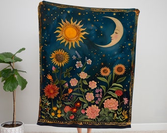 Bloemendeken zon en maan: mystiek Cottagecore-tapijt