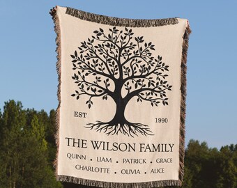 May include: A beige woven tapestry with a black tree design and the text "The Wilson Family Est 1990" and the names "Quinn, Liam, Patrick, Grace, Charlotte, Olivia, Alice".