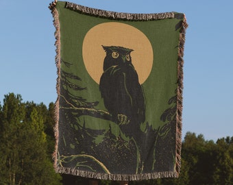 1919, Vintage American Forestry Night Owl Woven Throw Blanket: Owl Tapestry, Camping Blanket, Van Life, Indie Room Decor, Grunge Room Decor