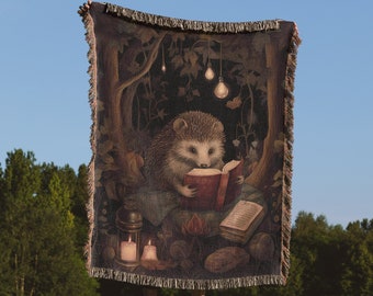 Hedgehog Reading Throw Blanket: Whimsical Forest Woven Tapestry, Cute Woodland Animal Blanket, And Cottagecore Decor and Book Lovers Gift
