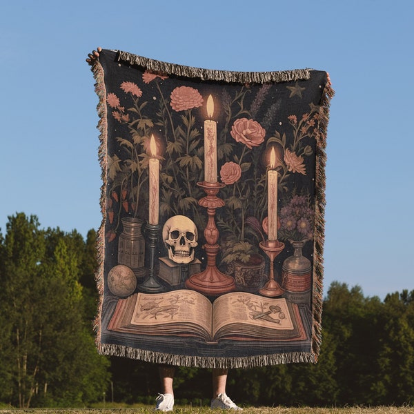 Botanical Spells Throw Blanket: Victorian Gothic Skull Woven Tapestry, Floral Candlesticks Blanket, Witchy Aesthetic, Dark Cottagecore Decor
