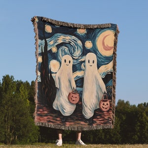 Two Van Ghosts Throw Blanket: Cute Ghost Art Woven Tapestry, Indoor Halloween Blanket, Fall Starry Night Decor, Autumn Spooky Aesthetic