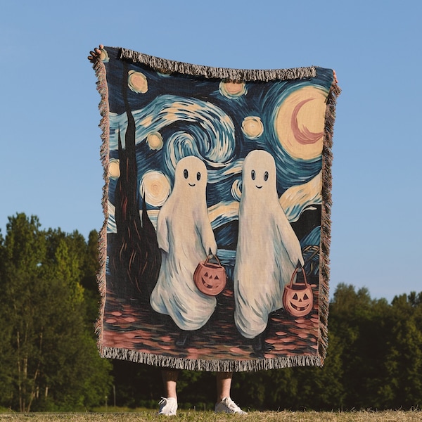 Two Van Ghosts Throw Blanket: Cute Ghost Art Woven Tapestry, Indoor Halloween Blanket, Fall Starry Night Decor, Autumn Spooky Aesthetic