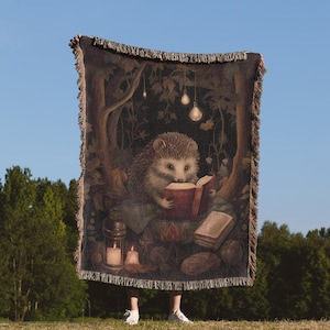 Hedgehog Reading Throw Blanket: Whimsical Forest Woven Tapestry, Cute Woodland Animal Blanket, And Cottagecore Decor and Book Lovers Gift