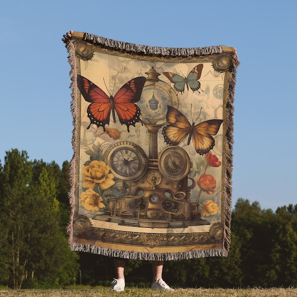 Steampunk Butterfly Throw Blanket: Industrial Woven Tapestry, Edwardian Fantasy Blanket, Victorian Historical Aesthetic, Dark Antique Decor