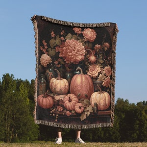 Floral Pumpkin Woven Throw Blanket: Autumn Cottagecore Decor