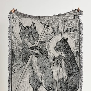 The Fox and Cat (1900) Woven Throw Blanket: Vintage Folklore Fox Art Woven Tapestry and Fantasy Cat Blanket for Whimsical Fairycore Decor