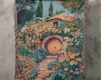 Floral Cottage House Blanket | Whimsical Woodland Forest Tapestry and Reading Nook Throw for Bookish Room Decor or Fantasy Lovers Gift