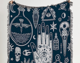 Witchy Alchemy Woven Cotton Throw Blanket: Occult Tapestry Decor