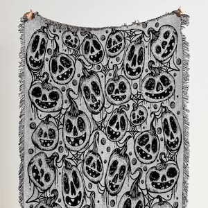 Gothic Autumn Woven Throw Blanket: Pumpkin Pattern Woven Tapestry and Cotton Halloween Blanket, Great Gothic Throw Blanket for Witchy Women
