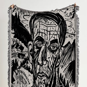 1917, Vintage Woven Throw Blanket: Head of Van de Velde, Famous Art Print by Ernst Ludwig Kirchner, Indie Room Decor, Art Nouveau Room Decor