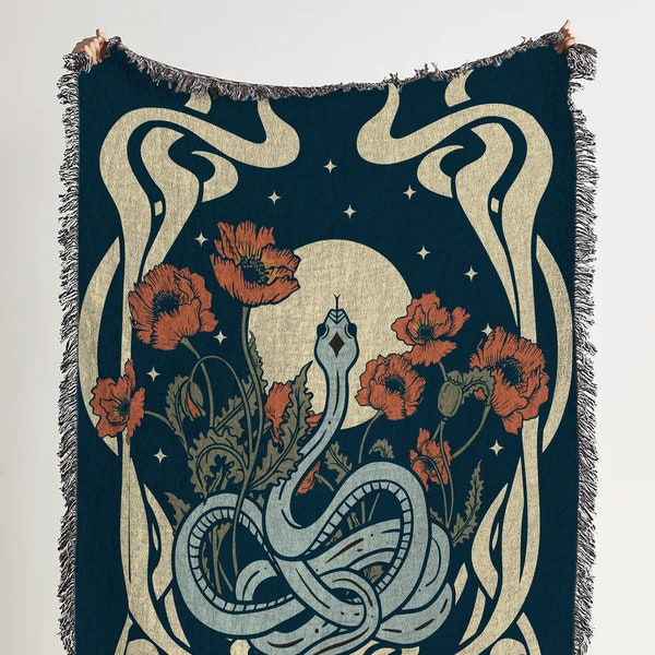 Manta tecida Serpente Celestial: Tapeçaria Floral Lua, Decoração Oculta e Bruxa