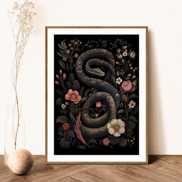 Boho Snake Art Print - Affiche verticale florale maussade et art mural de sorcière botanique sombre pour la décoration de la chambre Boho et l’esthétique hippie