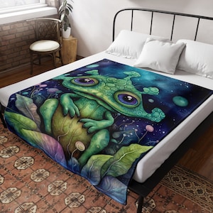 Alien Frog Woven Throw Blanket: Botanical Space Art Tapestry