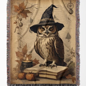 Autumn Owl Throw Blanket: Fall Owl in Witch Hat Woven Tapestry and Antique Book Pumpkin Blanket, Antique Halloween and Dark Academia Decor